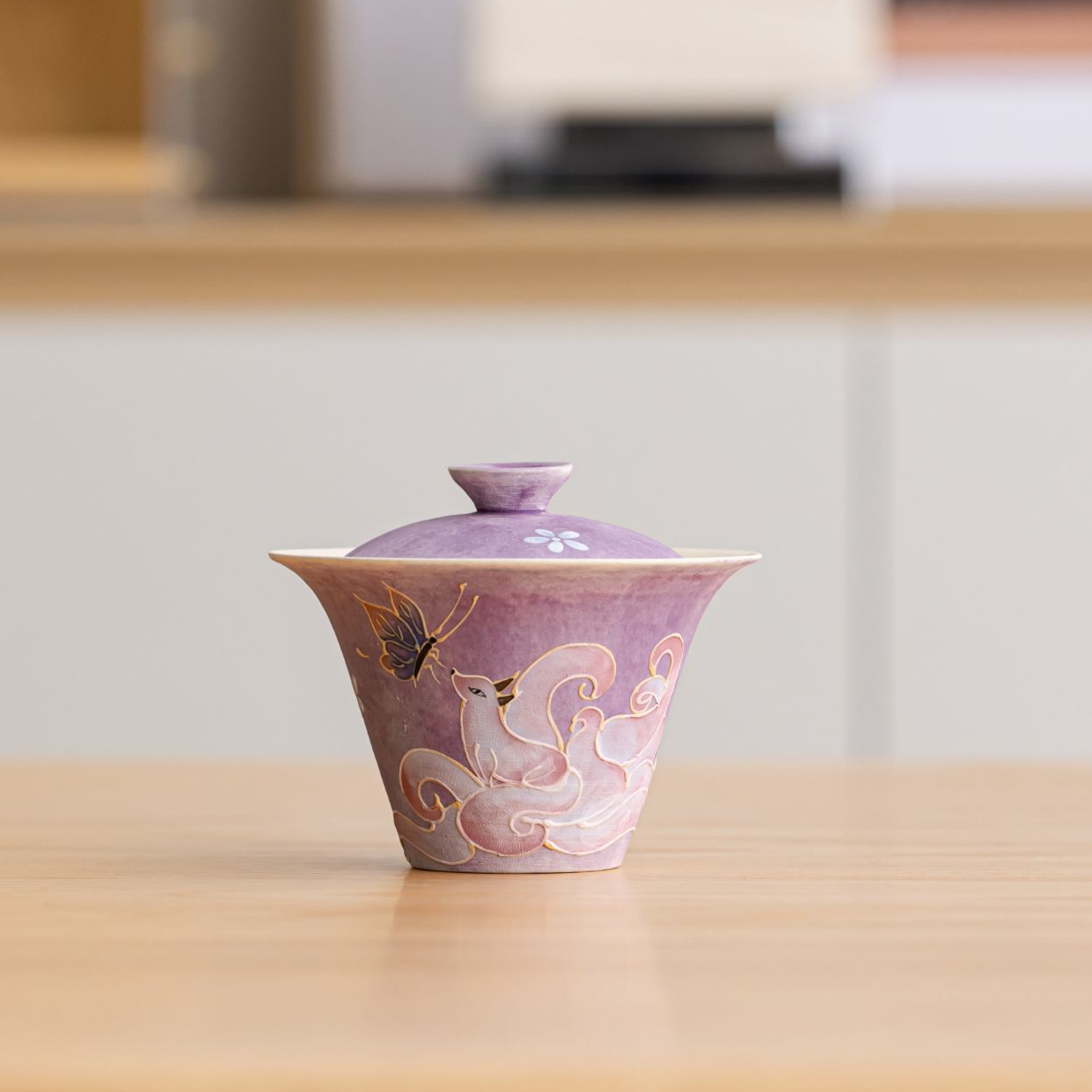亘古 中式手绘紫雾灵狐精致便携式盖碗茶杯旅行茶具