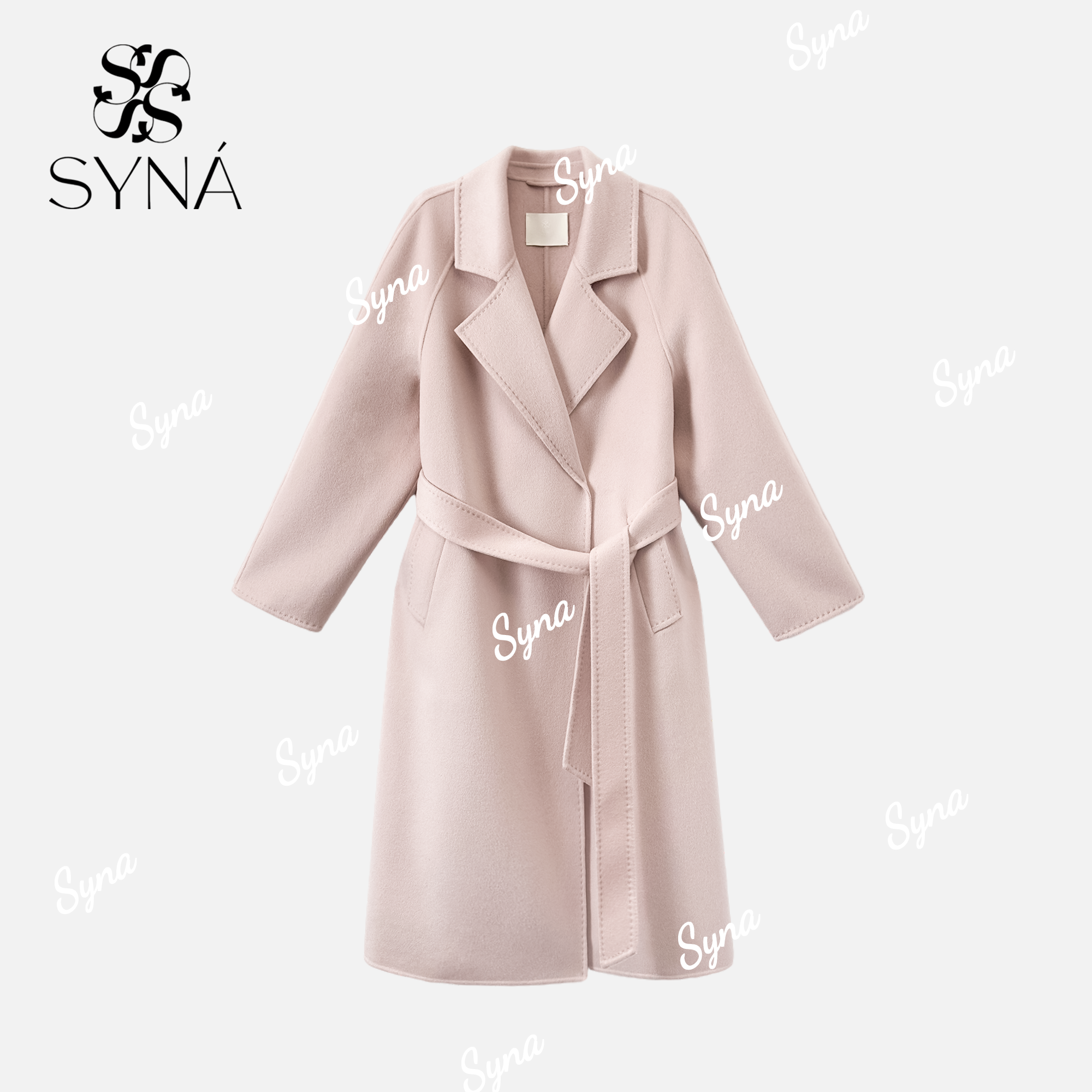 syna希娜 樱花雾绒 100阿拉善小山羊绒长款西装领樱花粉大衣
