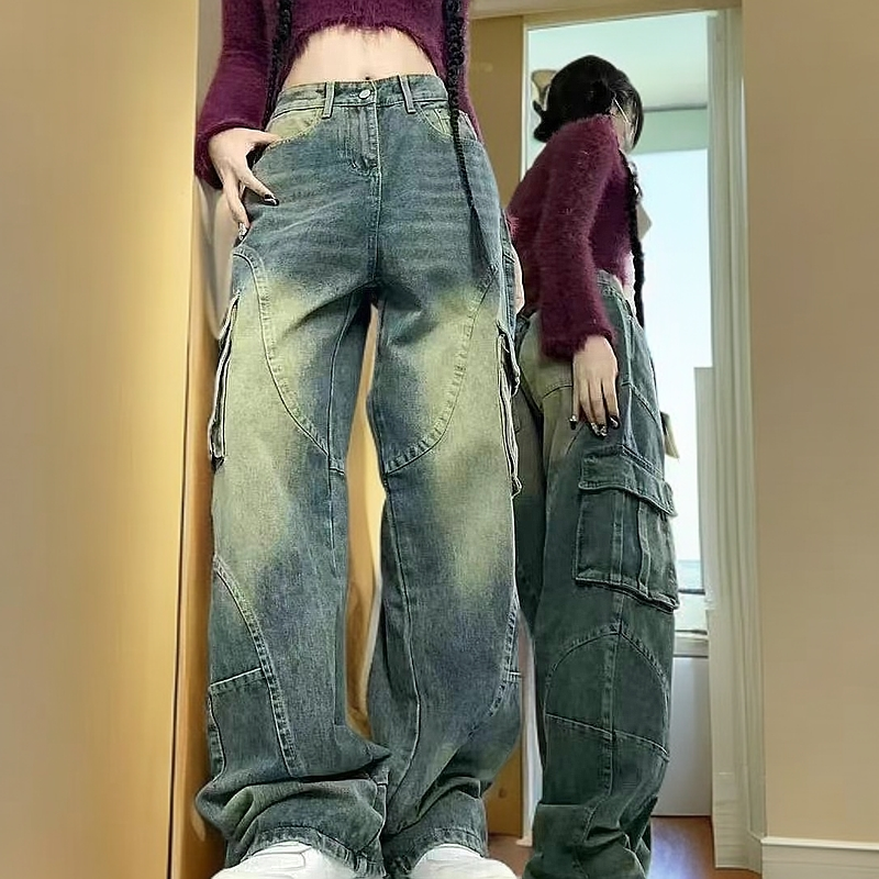 美式复古工装牛仔裤女高腰设计感宽松垂感阔腿拖地长裤潮流