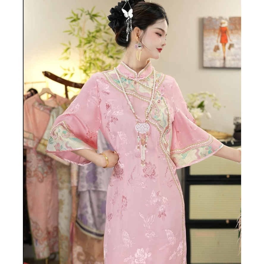 花享悦2025夏季新款中国风飘逸日常樱粉长款重磅刺绣旗袍WW（2787）