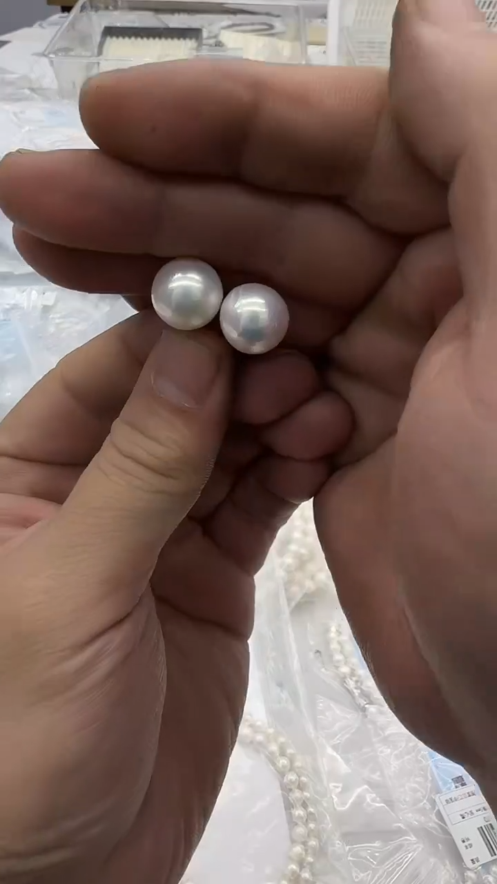 银S925镶嵌耳钉淡水珍珠10-11mm 素钉特选
