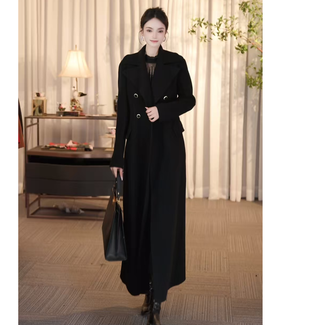 SUSSI/古色冬季新品商场同款黑色羊毛大翻领排扣长款