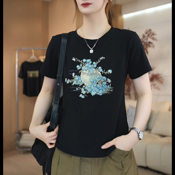 SHUOBAI/说白【印花+重工刺绣】358#减龄遮肉修身 圆领领短袖T恤