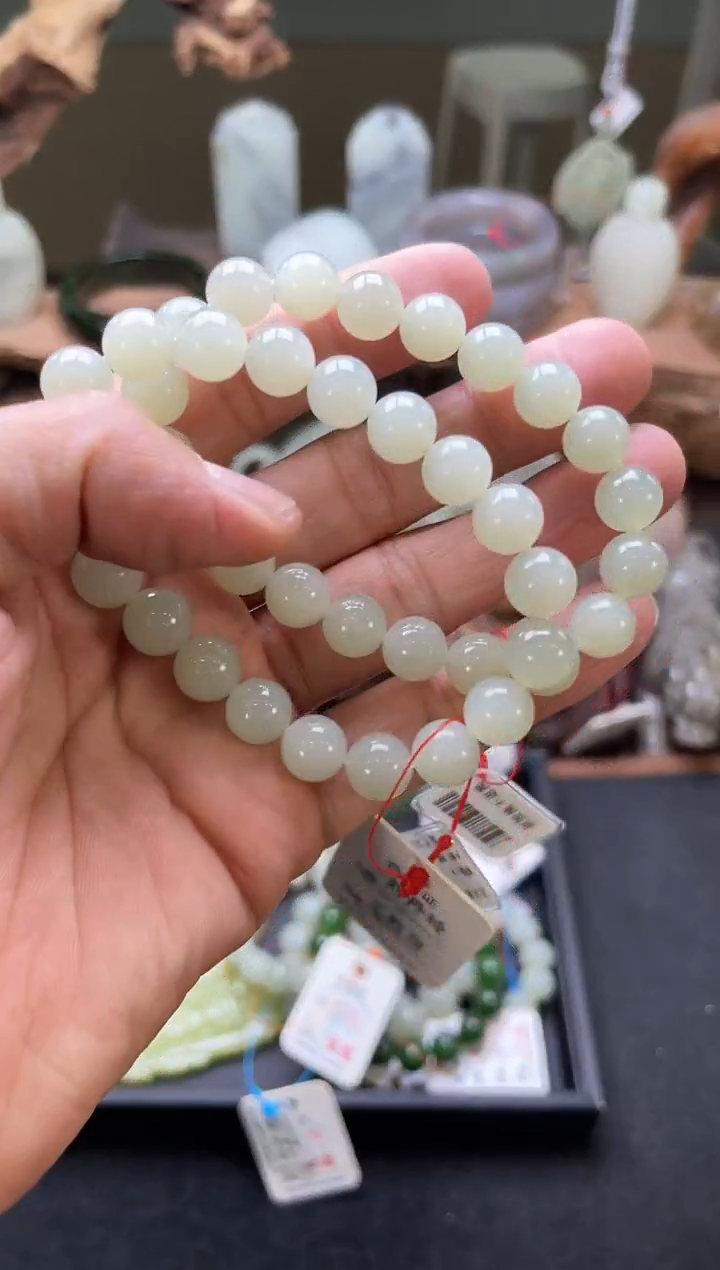 【闪购商品】和田玉手串未镶嵌卡10且末青白圆珠 A 多样性发一