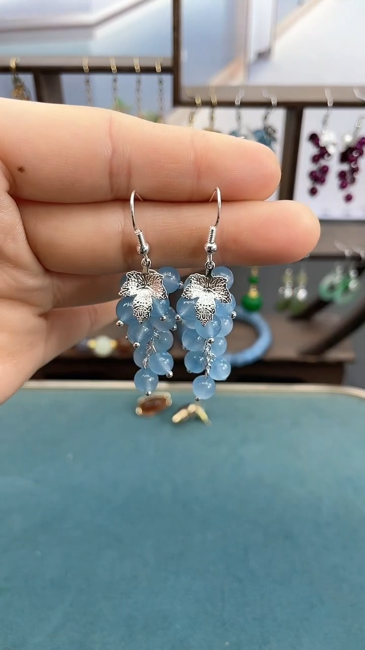 银S925镶嵌耳饰海蓝宝石6mm海蓝葡萄