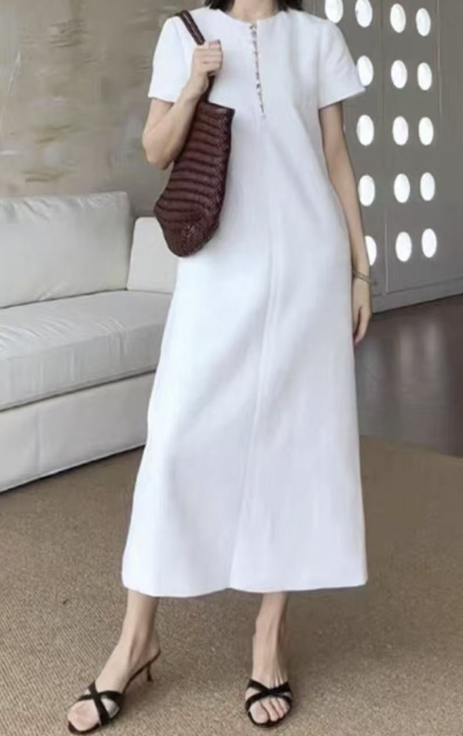 【ICS 韵裕】短袖圆领连衣裙休闲夏季显瘦长裙女装