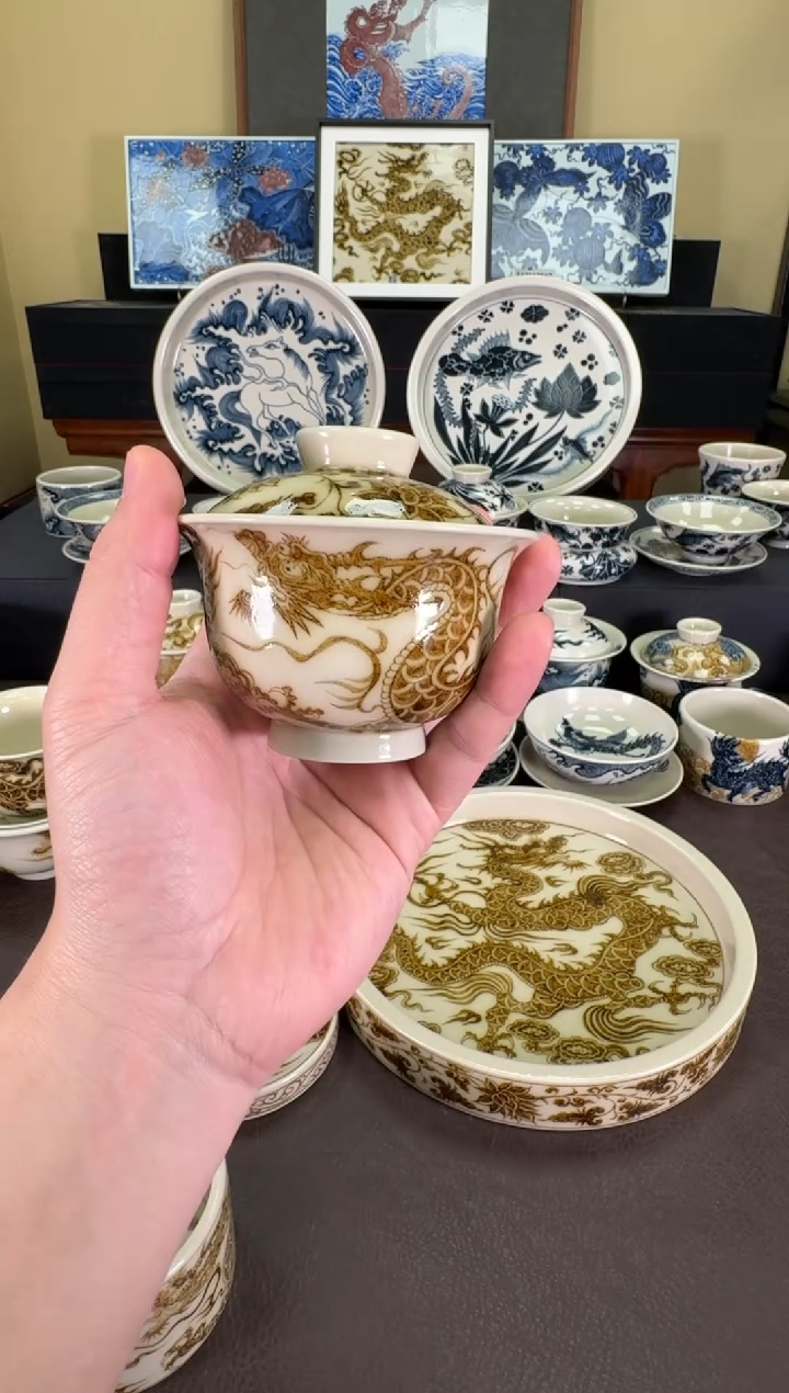 【闪购商品】瓷片二号釉1351龙纹元宝盖碗
