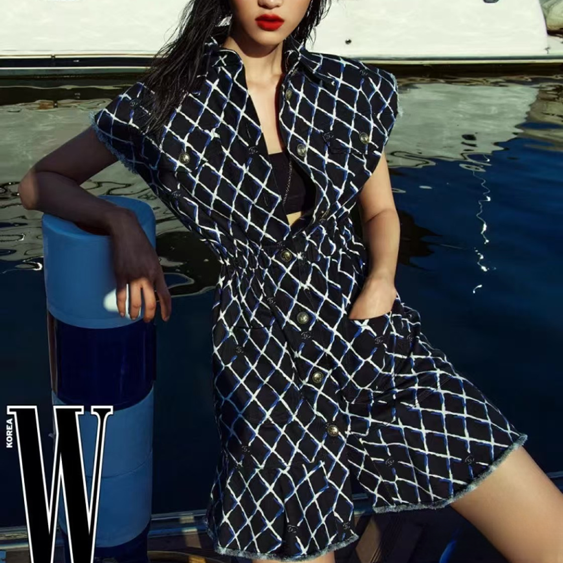 99新 Chanel/香奈儿 38码18A汉堡系列黑色拼蓝白菱格纹无袖连衣裙