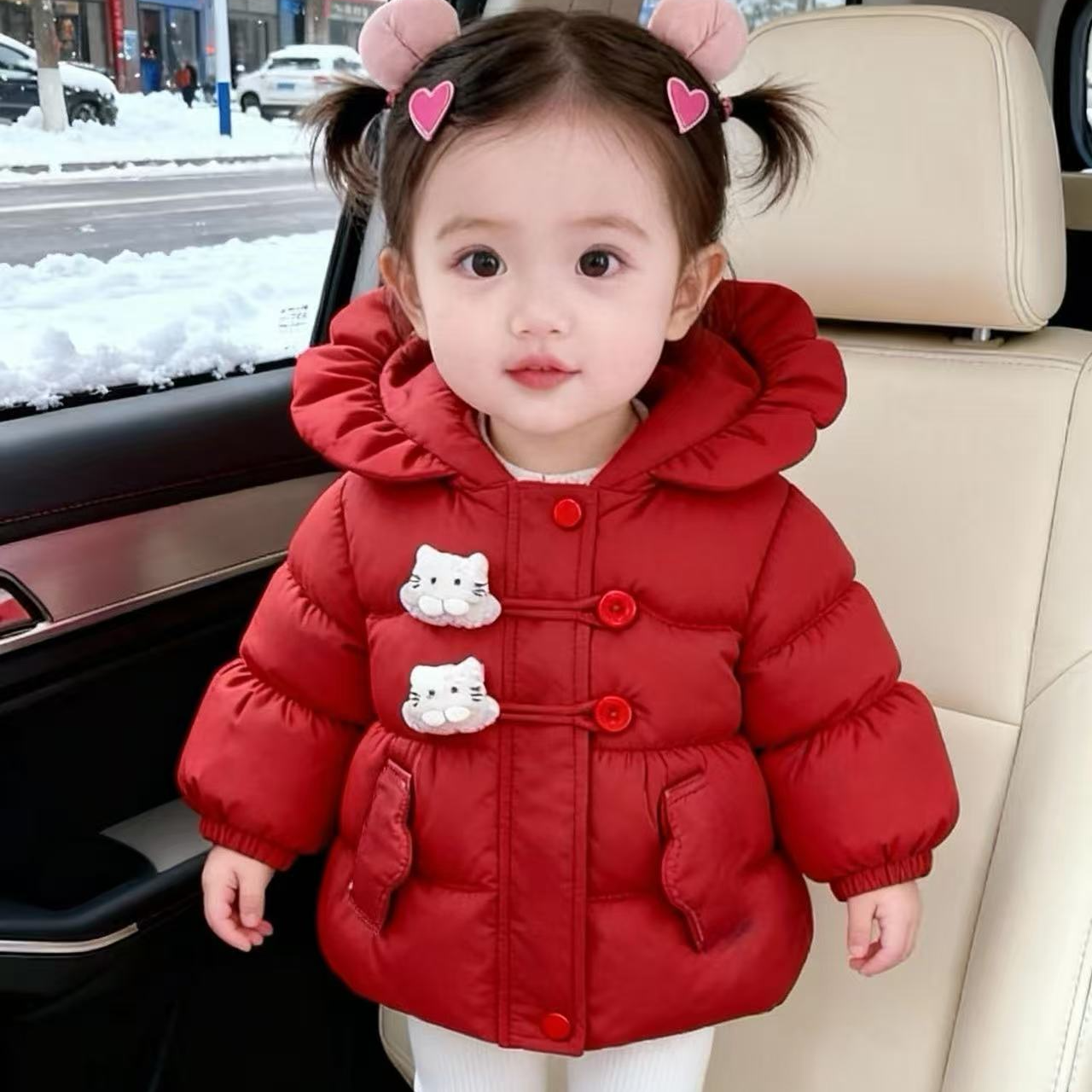 儿童纯色连帽棉服棉袄婴儿保暖棉衣加厚红色加绒女宝冬季厚外套潮