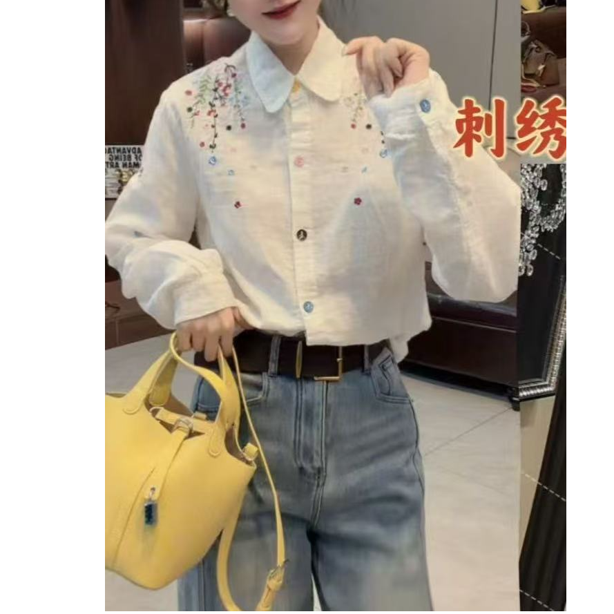 复古刺绣碎花翻领长袖衬衫1115