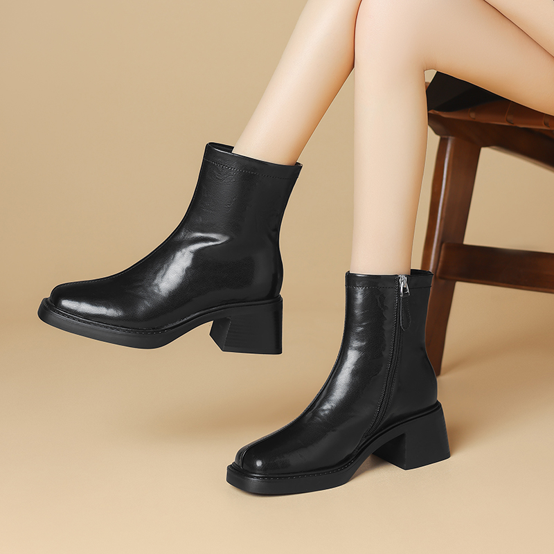 【黑色】牛皮/5cm时尚百搭黑色真皮粗跟高跟方头秋冬x168