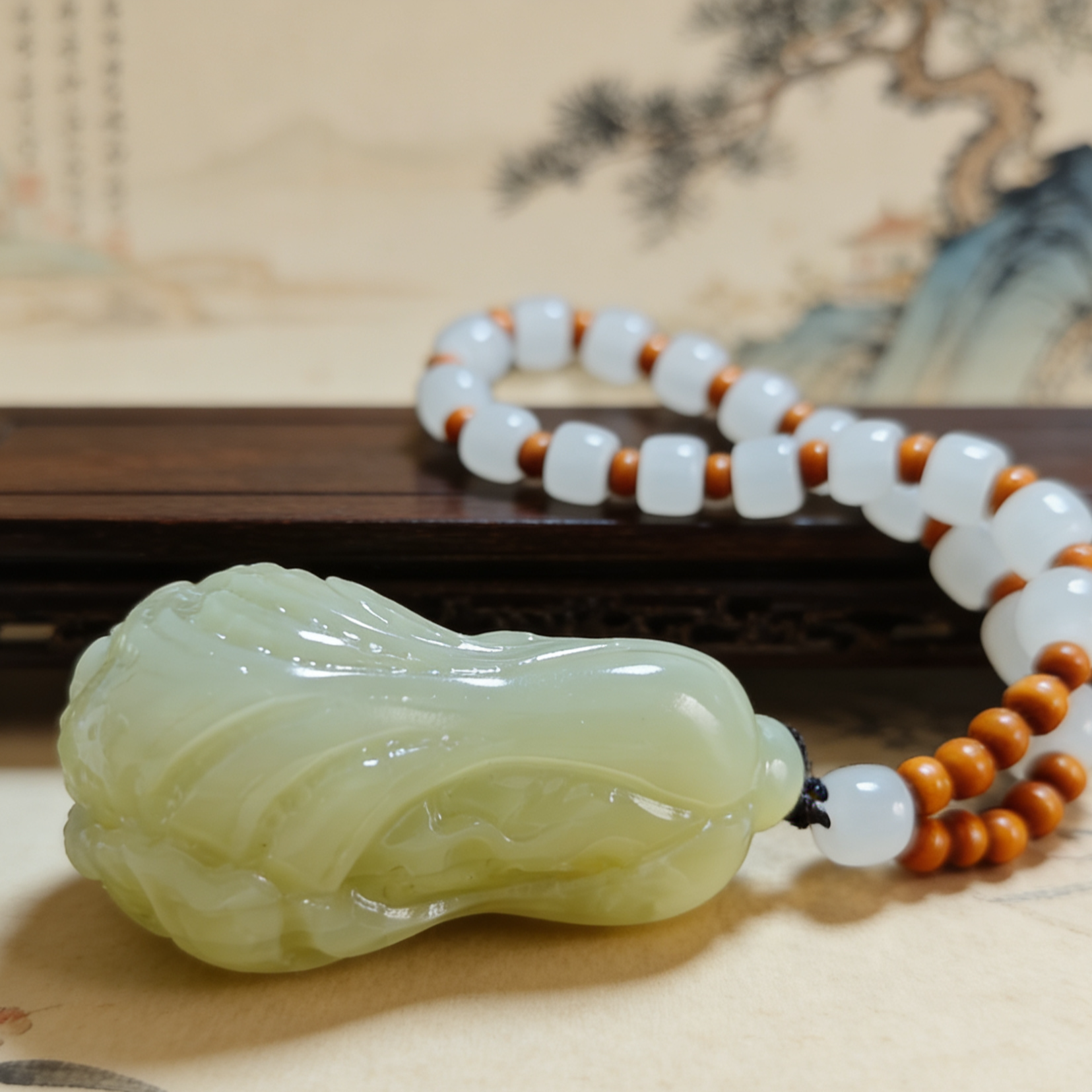 【玉-百财】新疆昆仑山脉天然玉石手工雕刻晴绿白菜手把摆件