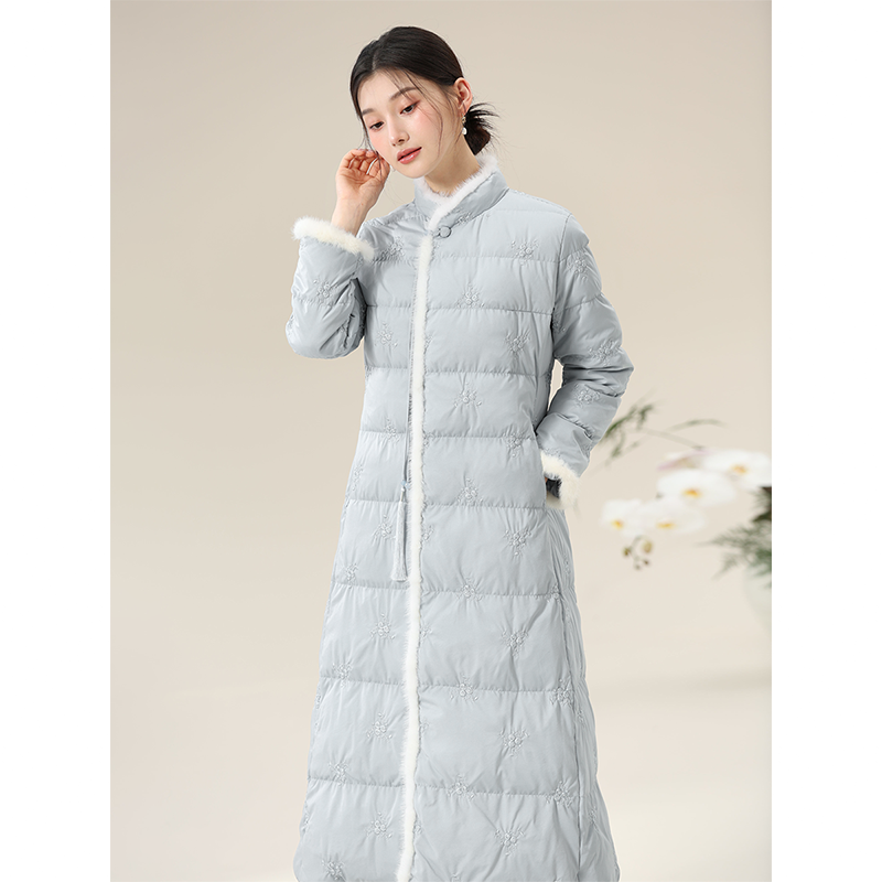 初蝉90白鸭绒加厚款保暖秋冬修身盘扣长款新中式国风羽绒服1412