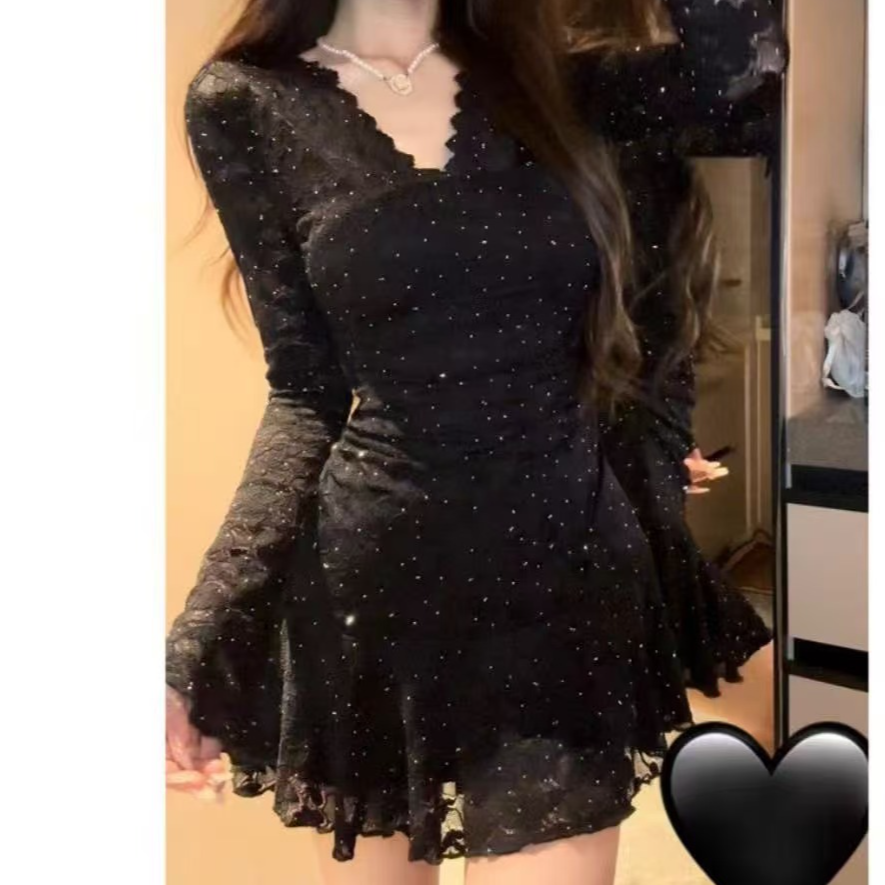 XIE9 法式辣妹风收腰蕾丝连衣裙765