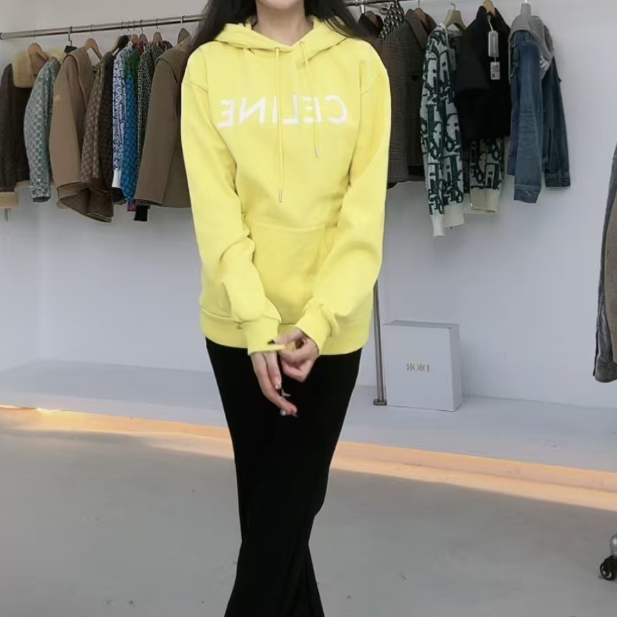 全新未使用 Celine/思琳 经典大LOGO连帽卫衣 柠檬黄