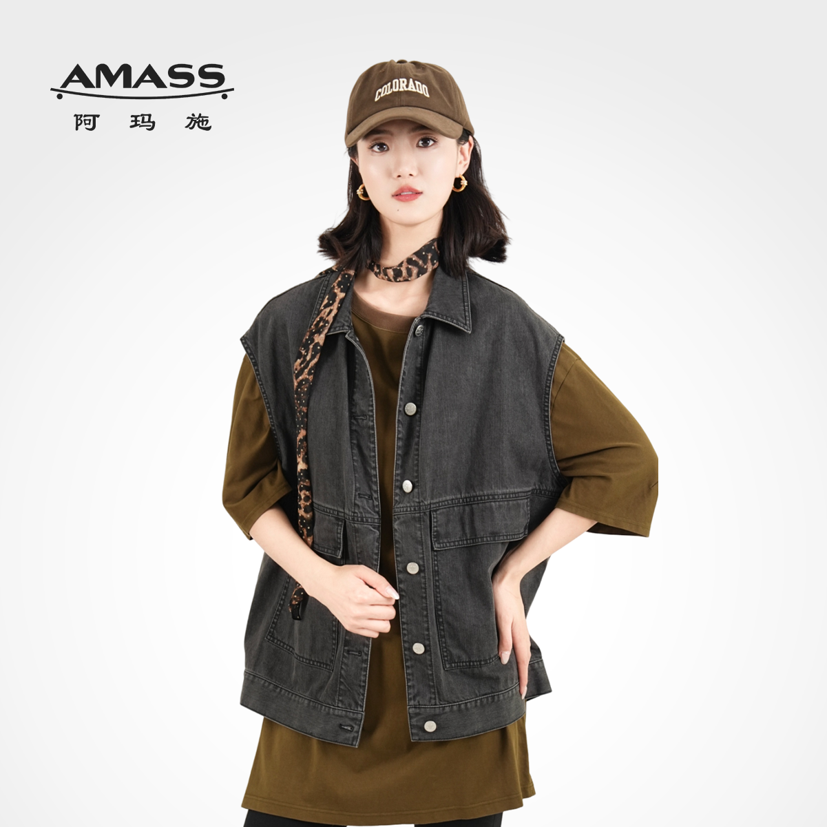 AMASS/阿玛施重工订制酵素水洗西部复古黑灰色牛仔马甲5400513