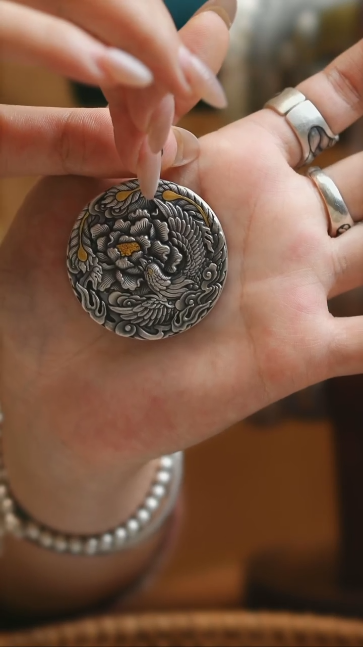 无足银凤穿牡丹吊坠