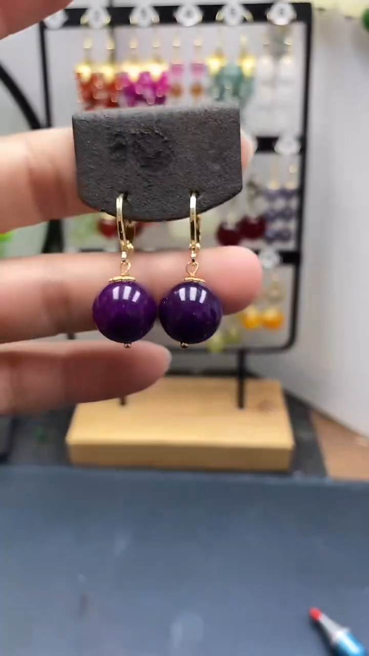 银S925镀金镶嵌苏纪石（舒俱来）耳坠尺寸14mm耳扣11