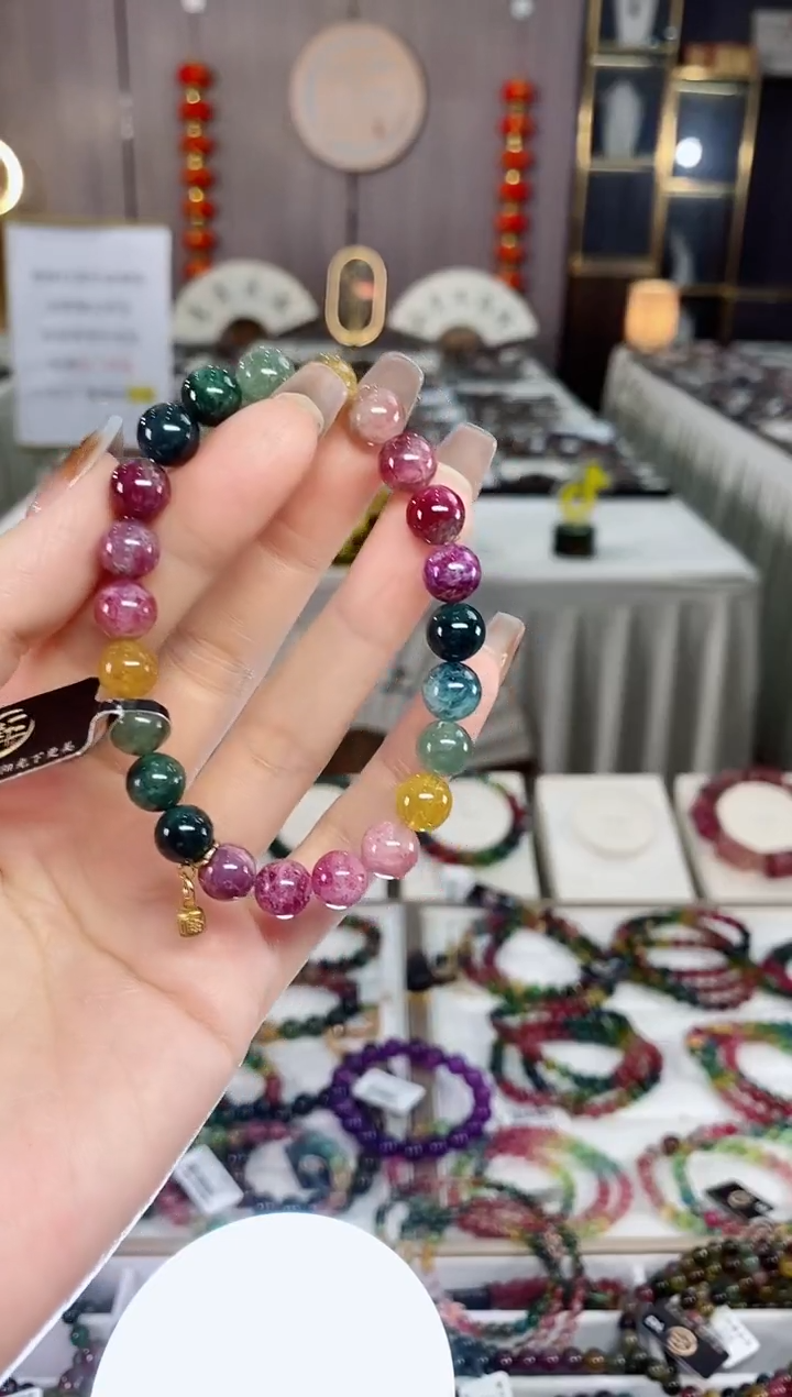 老矿油画碧玺色标彩虹单圈手串8mm+未镶嵌碧玺dan多样性发货一条