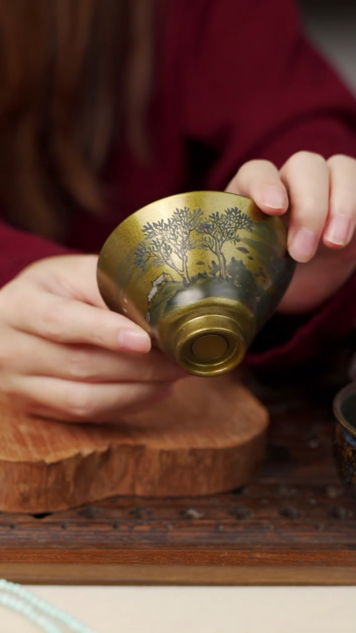 漆器彩绘水墨山水花卉 主人杯