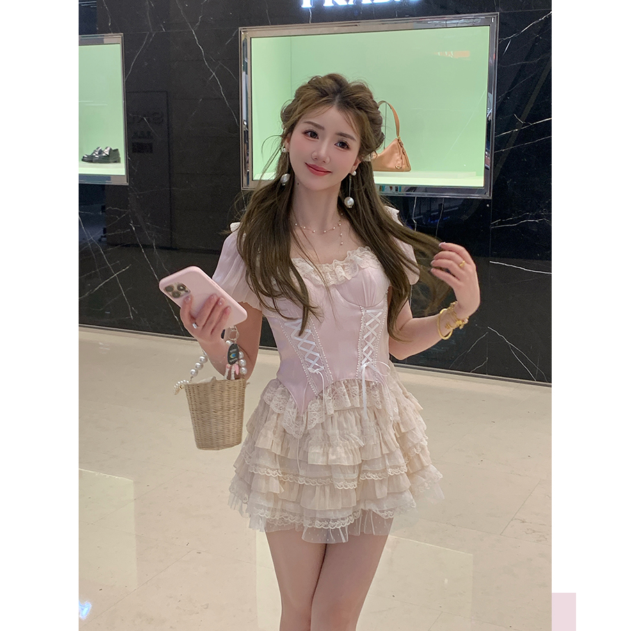 【小美】大码女装重工少女甜美女修身显瘦上衣感蛋糕裙套装12241