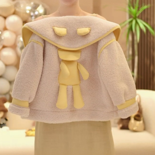 【现货现发】2025年冬季新款翻领鹿角儿童加绒加厚好看小熊毛毛外套