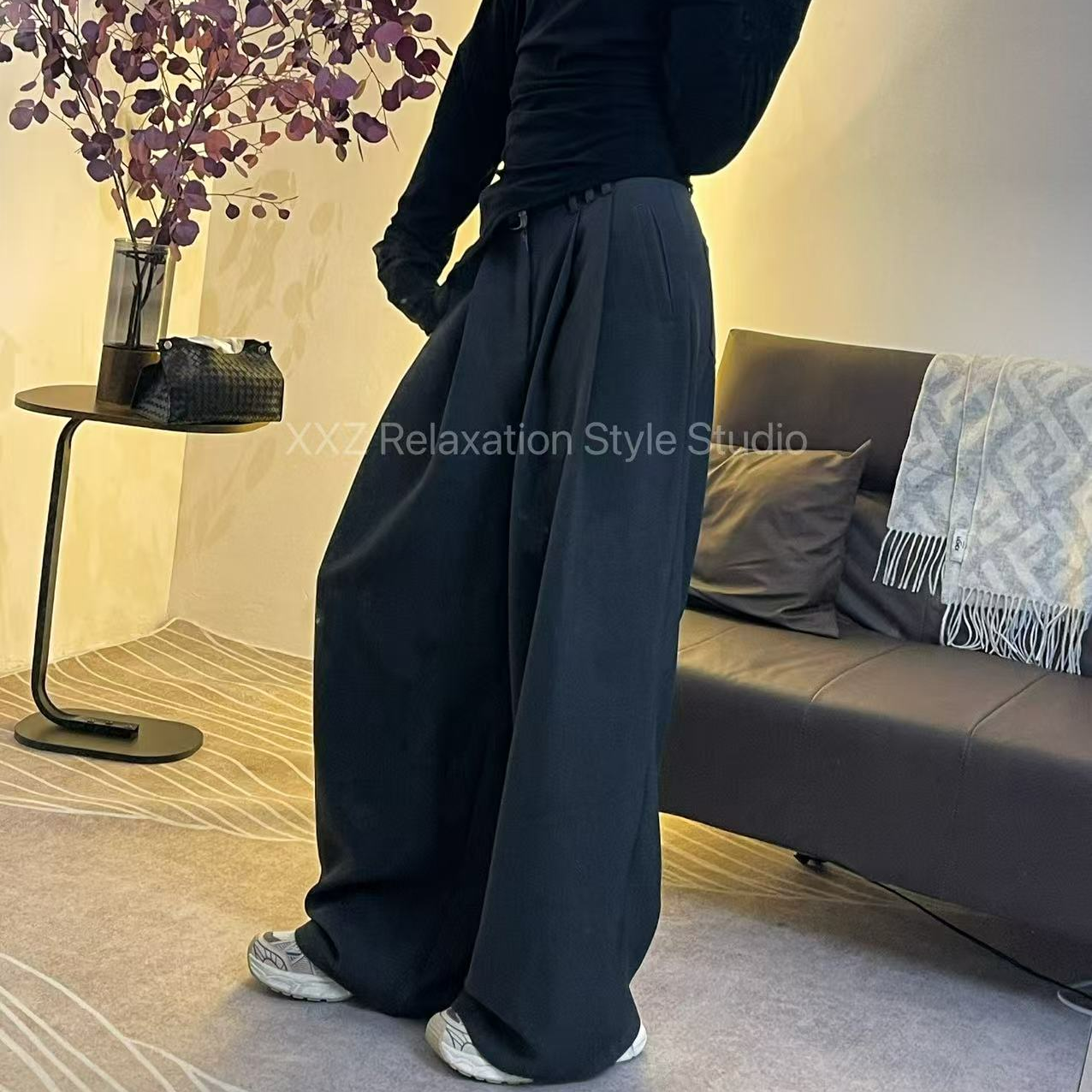 潇潇家【冷色】高级百搭双折配腰带直筒阔腿拖地裤中腰休闲西裤K001