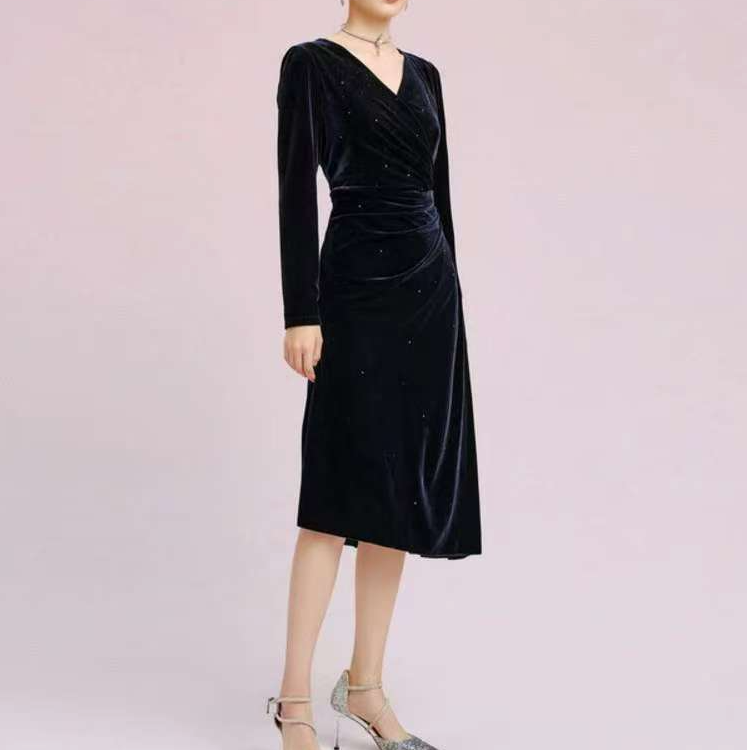 【拉】连衣裙紧身包臀长袖修身气质显瘦女人味v领收腰