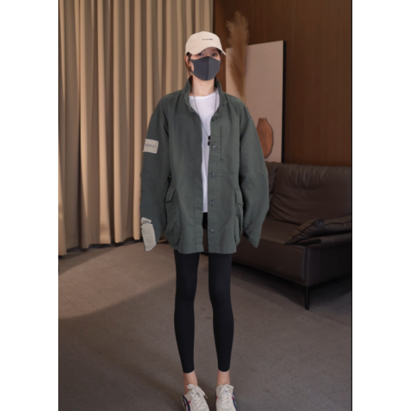 工装洗水休闲大口袋女外套宽松通勤拼接字母上衣 22793