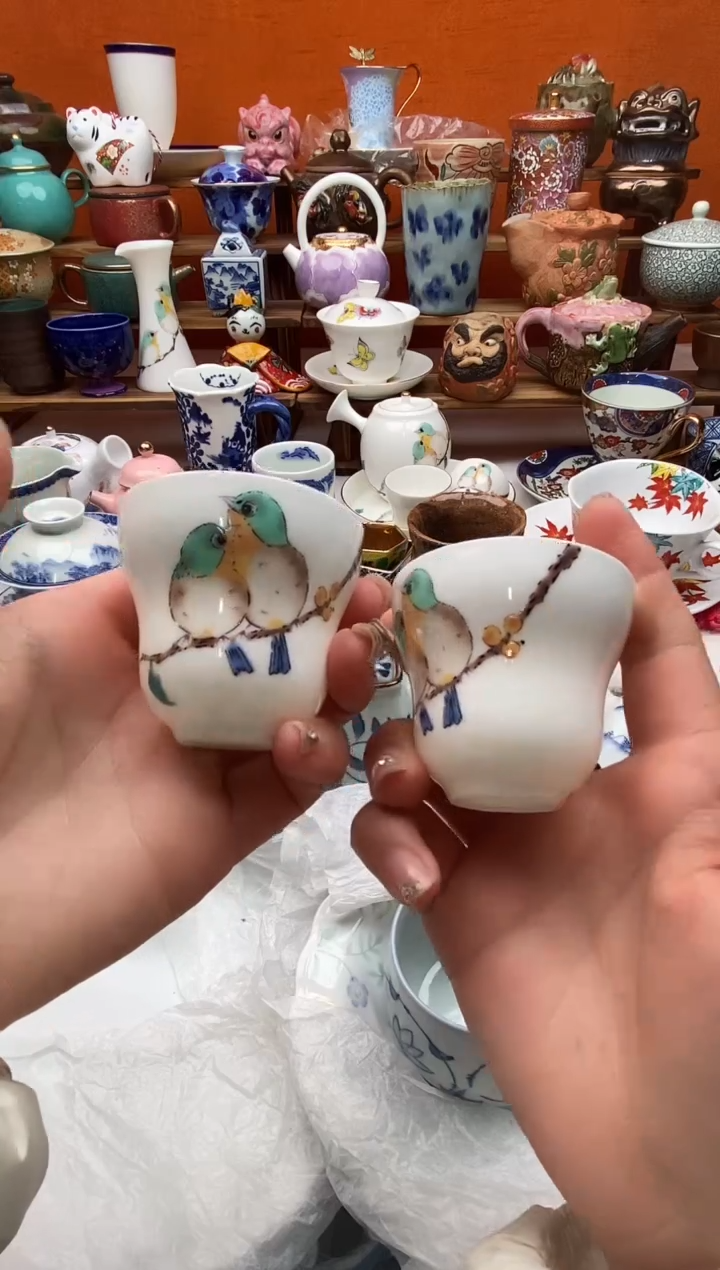 瓷片九谷小鸟两只杯子