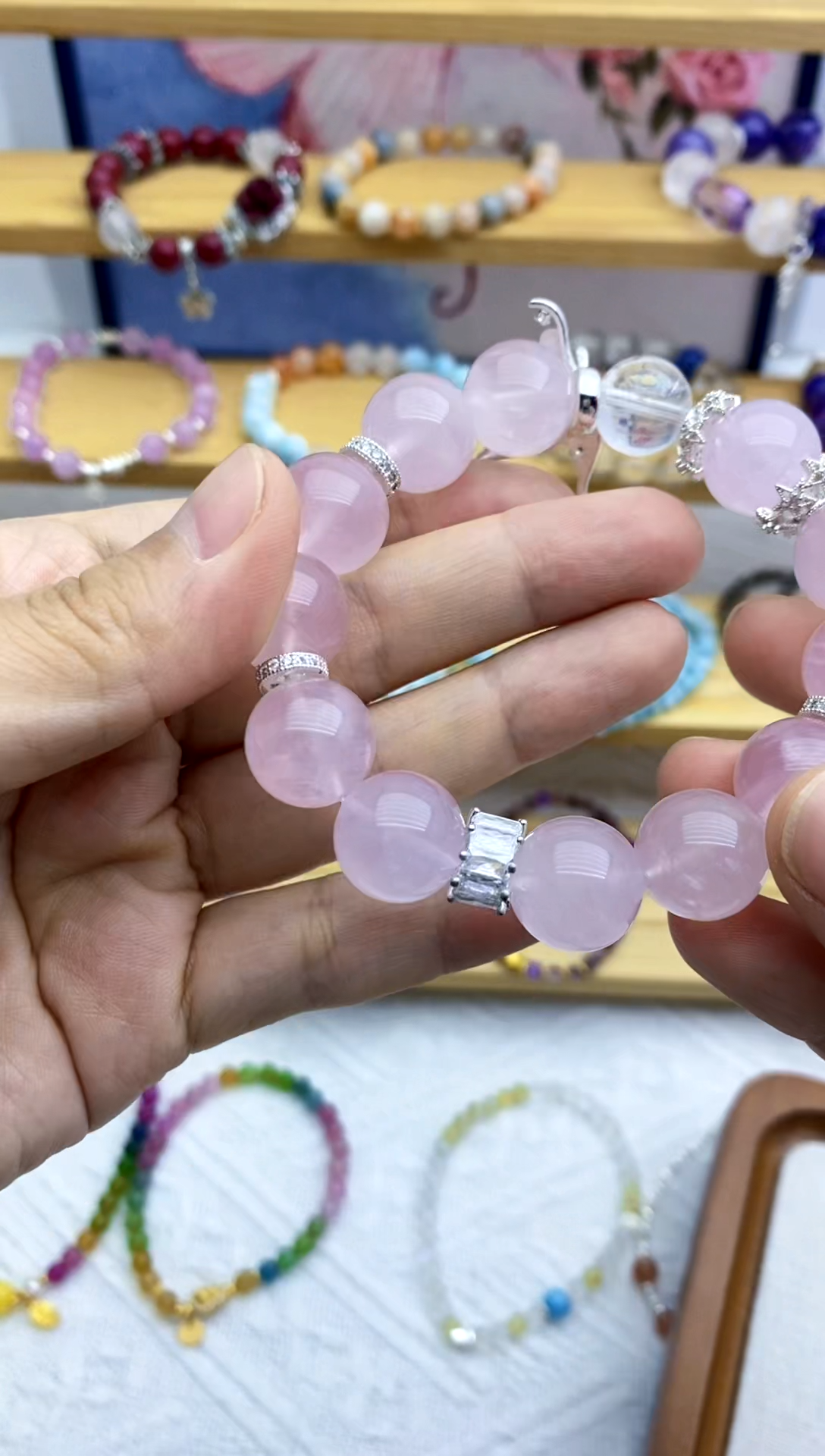 水晶手链银S925镶嵌粉晶+白阿塞