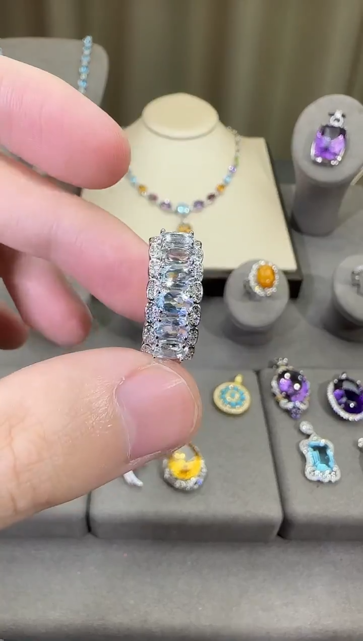 银S925镶嵌戒圈海蓝宝石8mm戒指排戒款