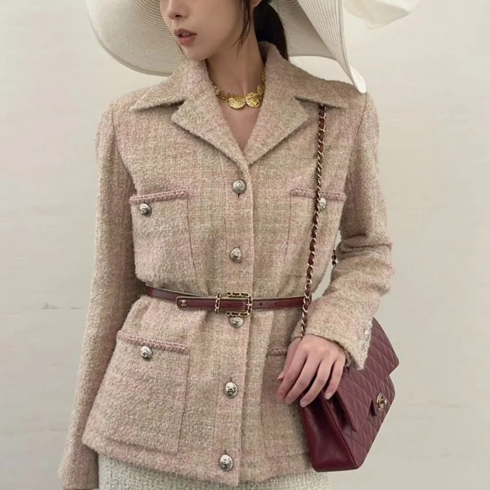 99新 Chanel/香奈儿 38码24A粉色拼米色编织四口袋滚边外套