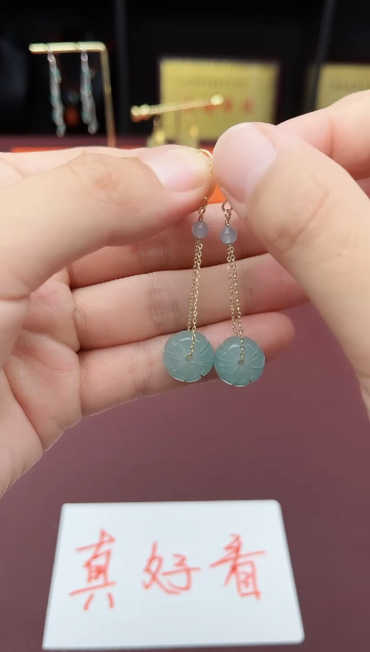 石英质玉（天山翠）银S925镶嵌耳饰716000