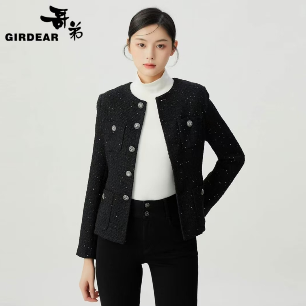 哥弟新款女装气质百搭圆领单排扣质感百搭花呢小香风外套1400722