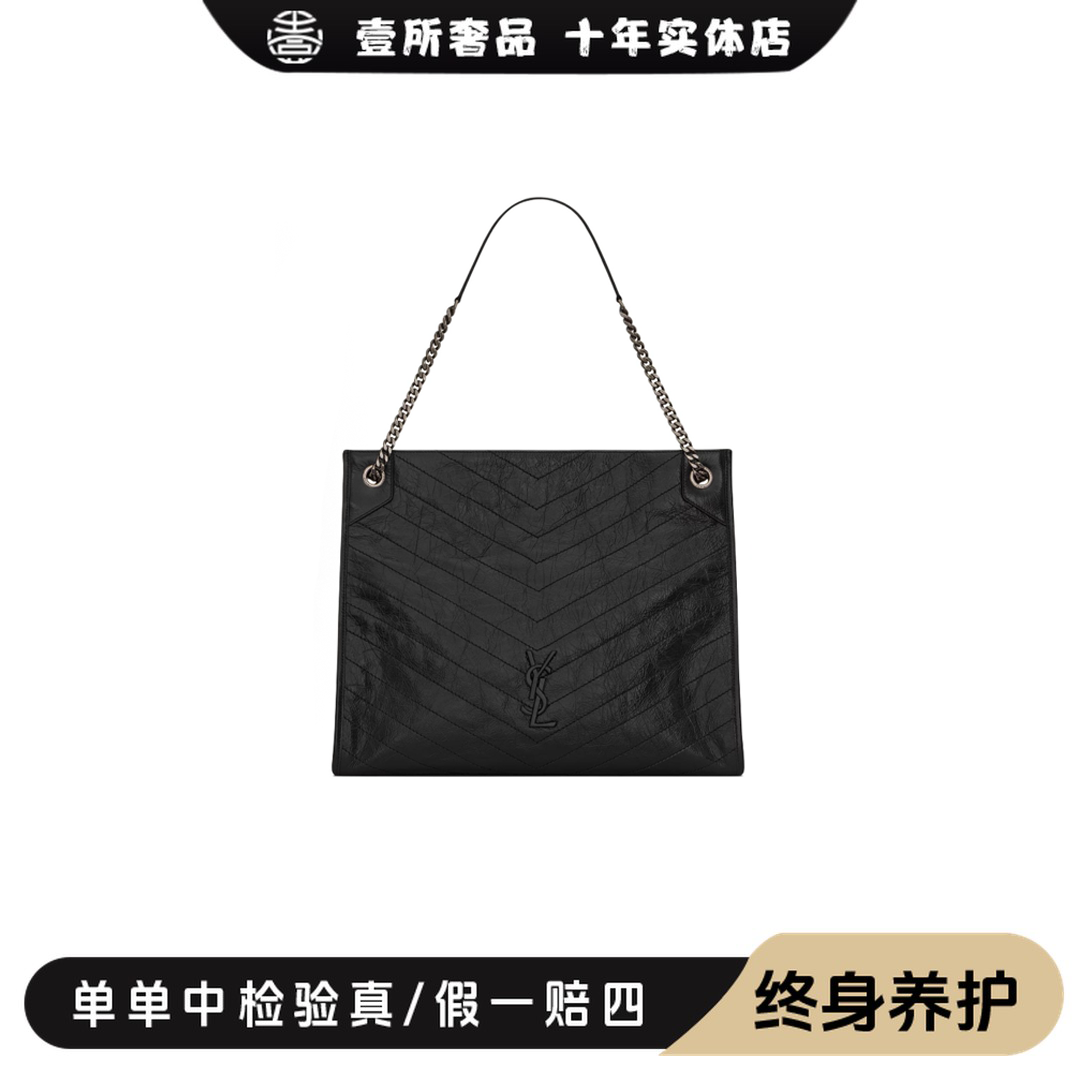 99新 YSL/圣罗兰 壹所奢品/YSL油蜡黑银中号Niki托特单肩包