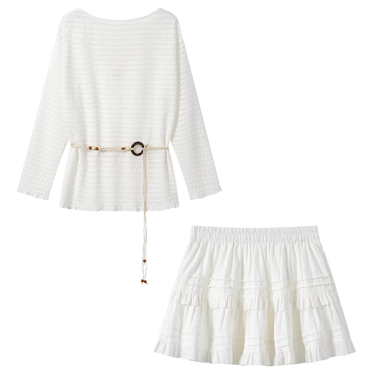 羊城故事-镂空长袖针织衫半身裙套装女配绑带度假风两件套5060