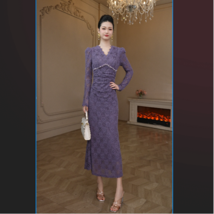 秋冬气质显瘦时尚轻奢紫色修身打底女装连衣裙45466