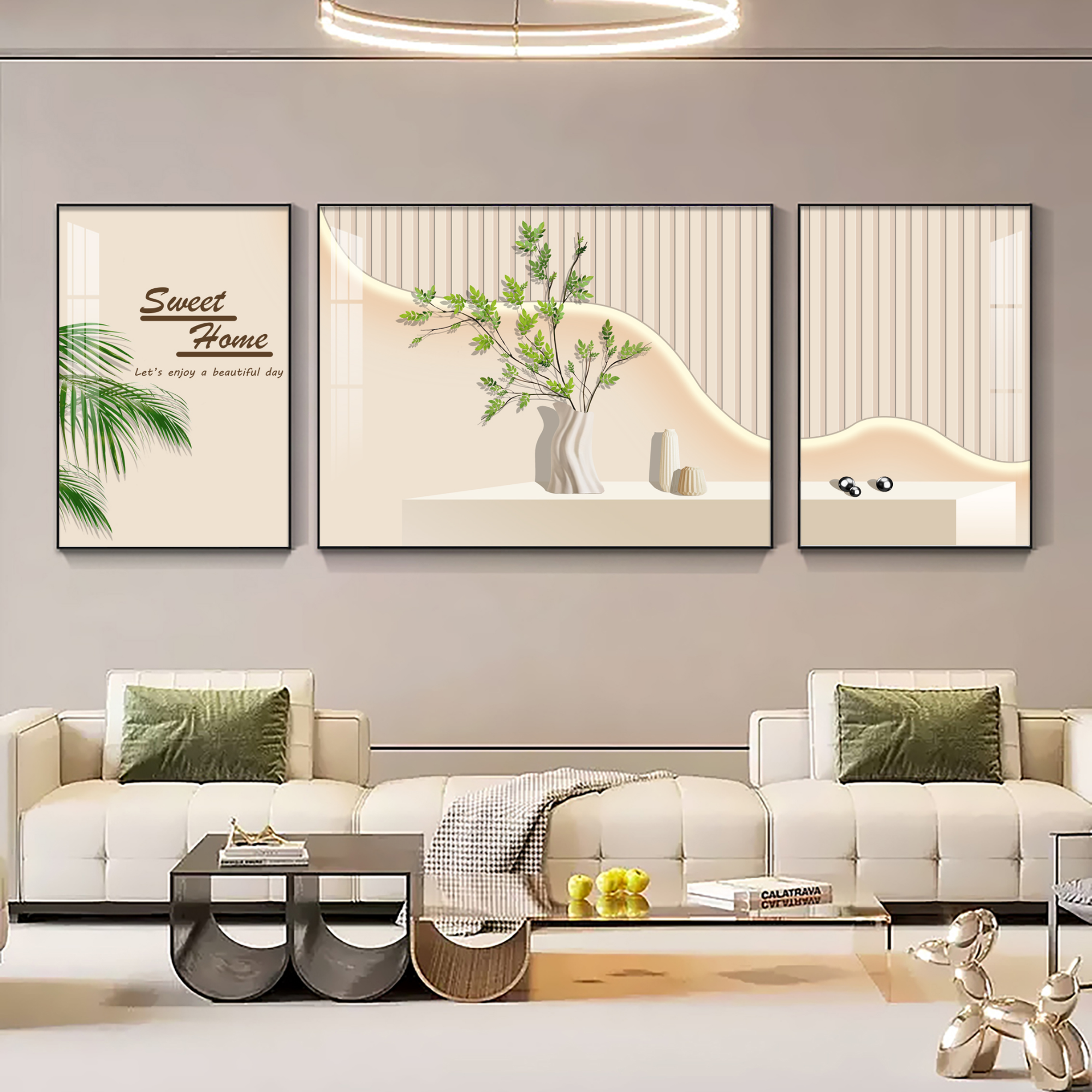【如沐春风】简约绿植沙发三联画治愈系客厅沙发背景自带光影壁画