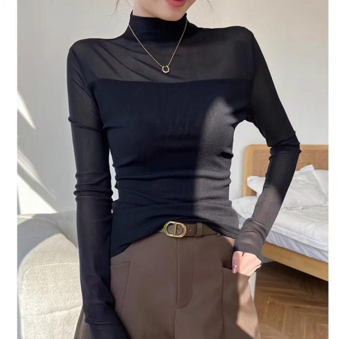  双层网纱加绒秋冬打底衫半遮肉显瘦修身高领长袖T内衬外搭女上衣