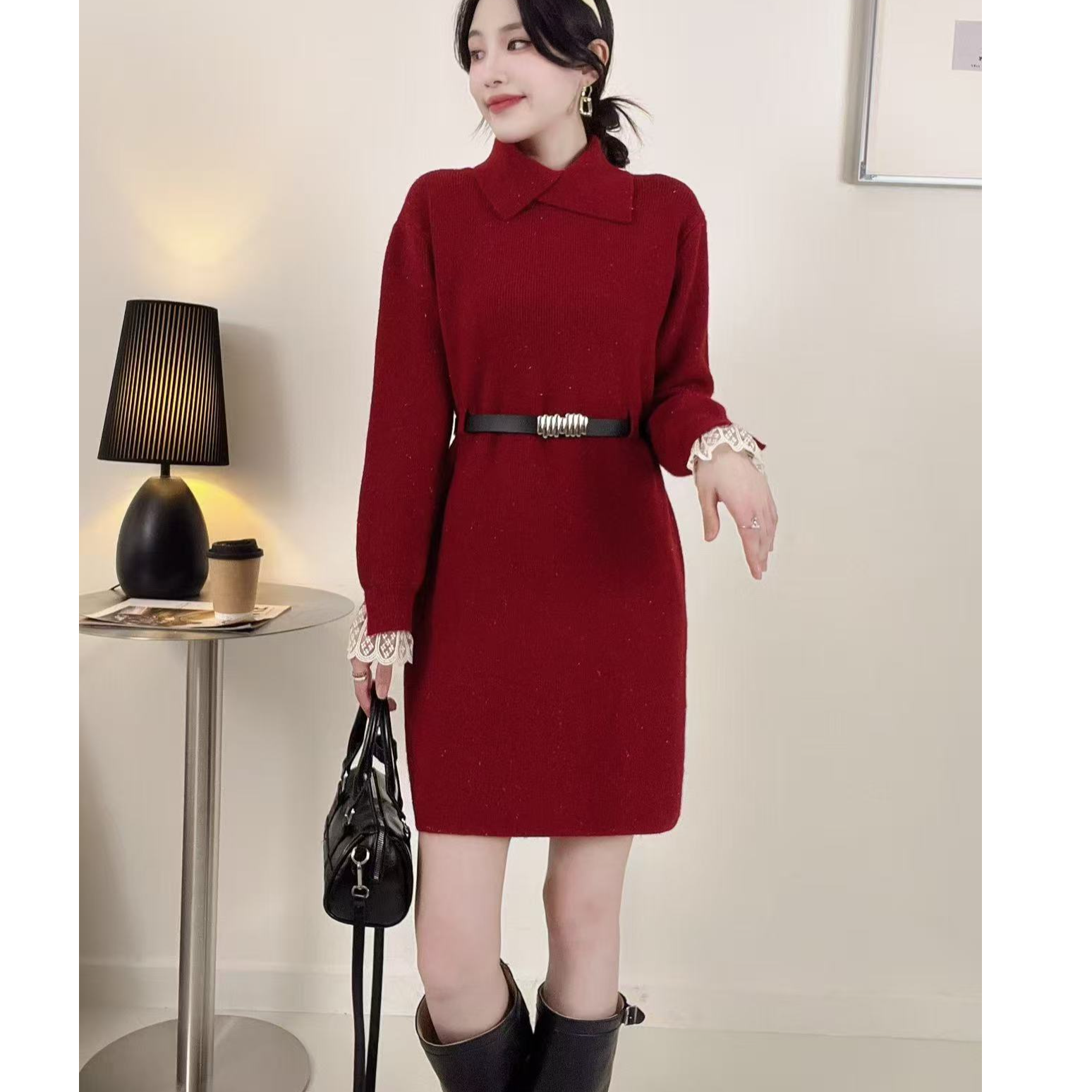 翻领收腰系带毛衣裙女秋冬2025新款内搭配大衣针织打底衫洋气宽松