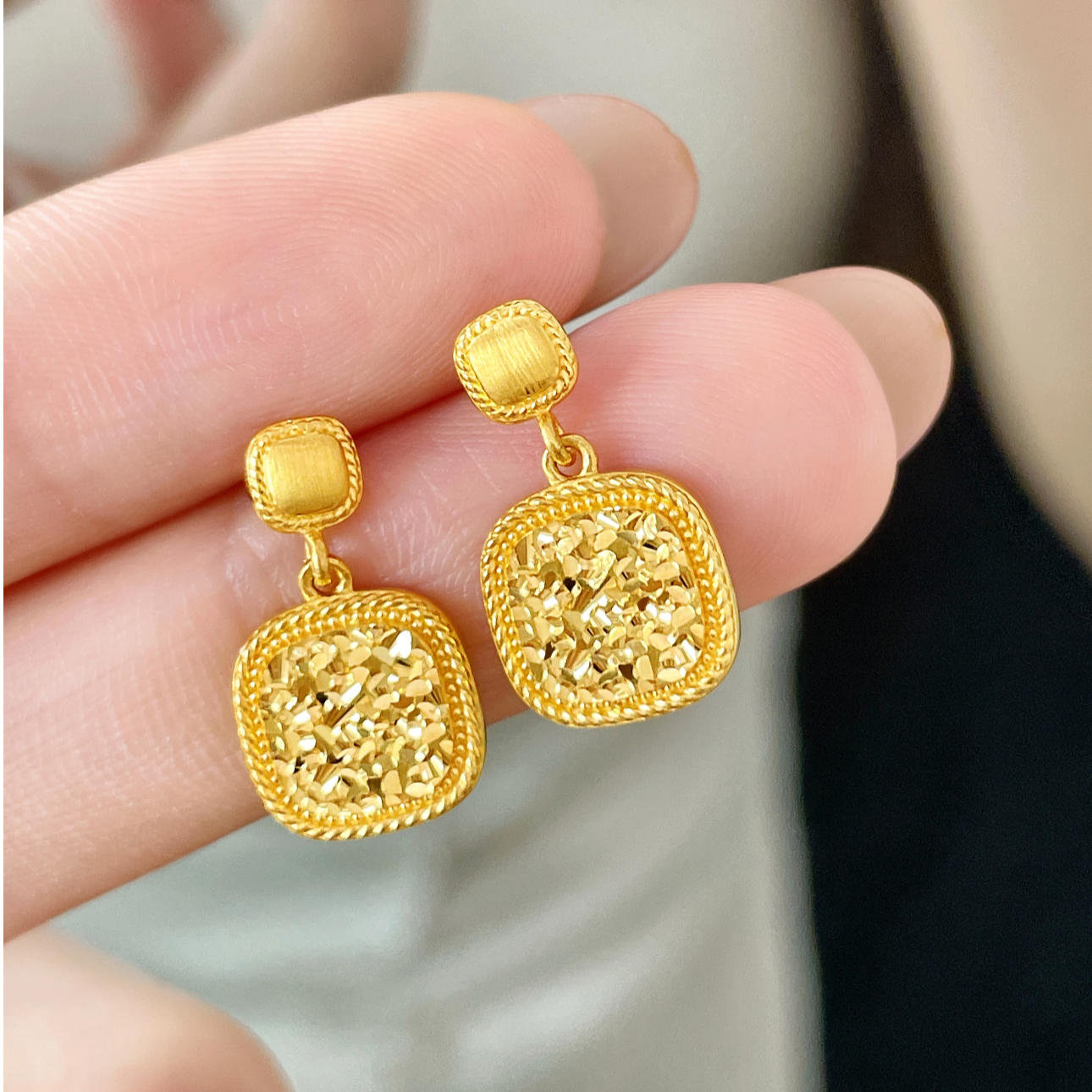 铜合金耳饰 新中式碎冰冰方糖耳钉复古轻奢拉丝小面包耳坠高级感