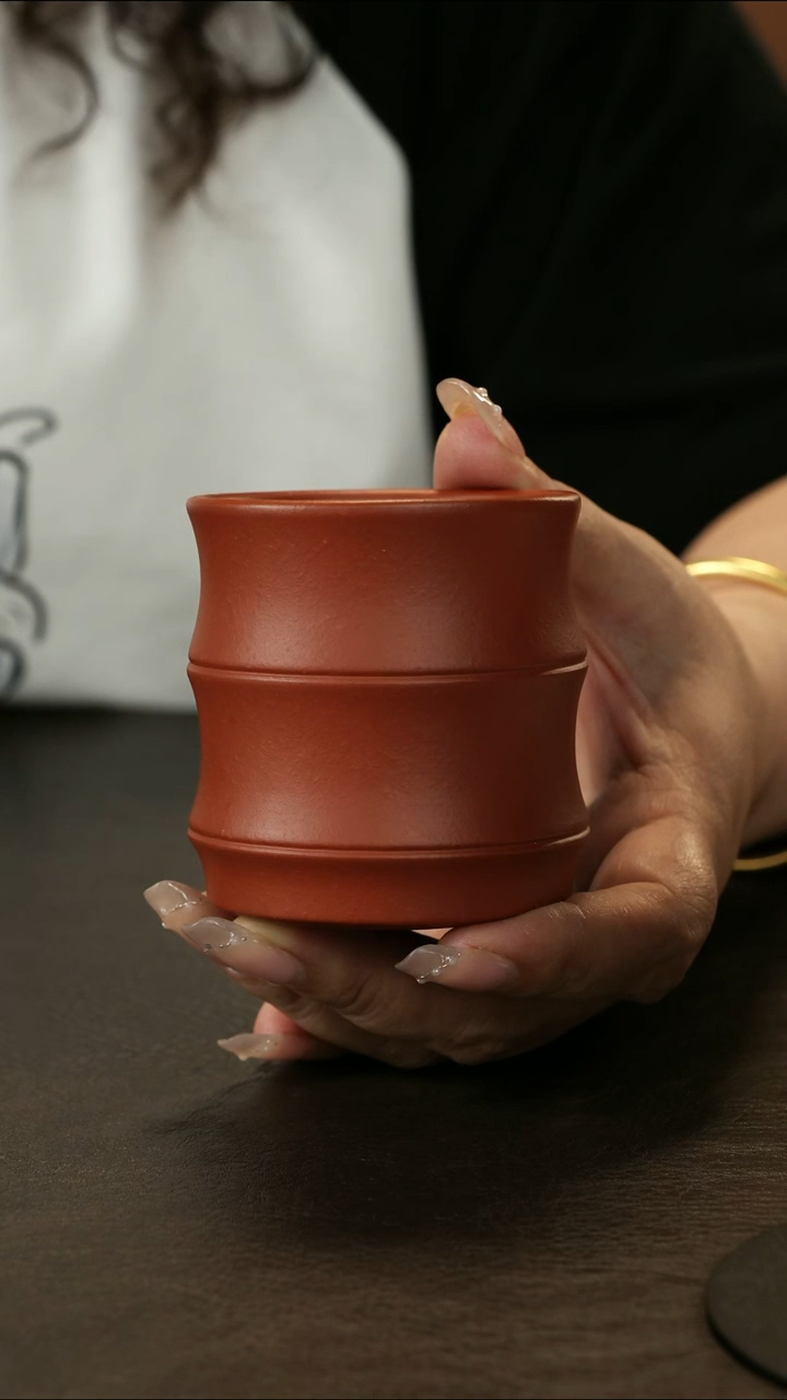 茶杯紫砂生砂朱泥 竹节主人杯