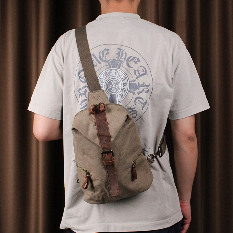 经典复古帆布配头层牛皮胸包户外休闲轻便斜挎包-8280