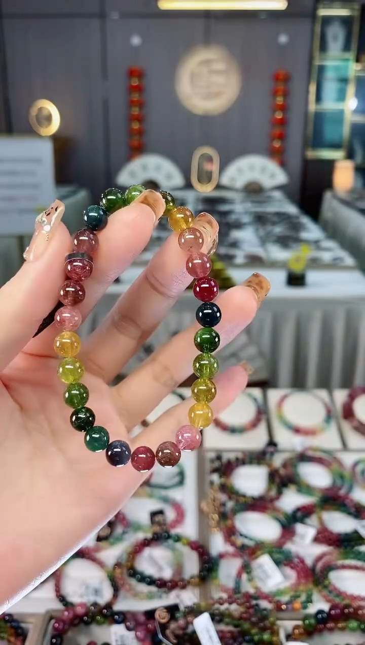 老矿碧玺色标彩虹透体单圈手串7mm+未镶嵌碧玺dan多样性发货一条