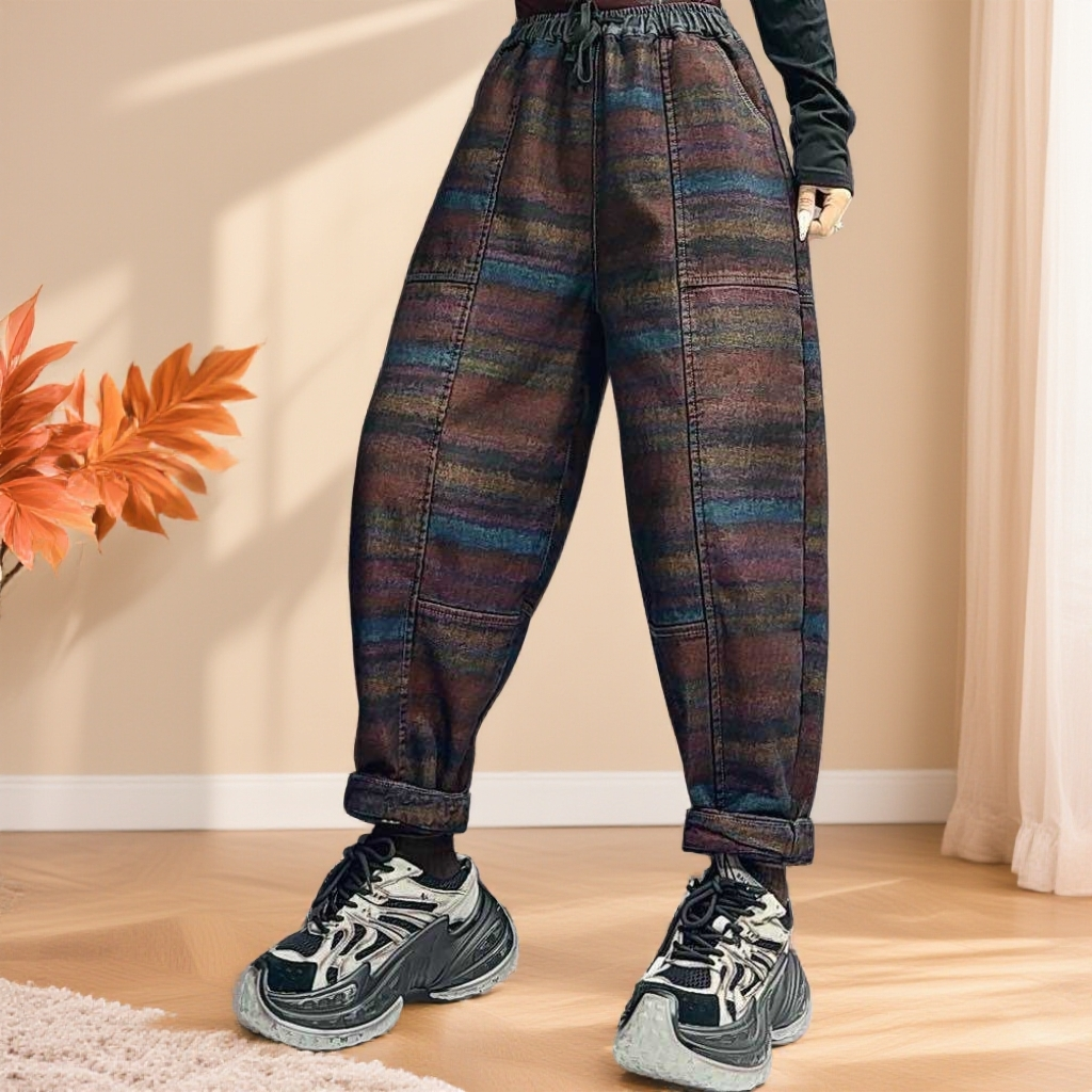 洋气时尚加绒加厚水洗牛仔裤女宽松大码百搭显瘦哈伦裤冬季新款