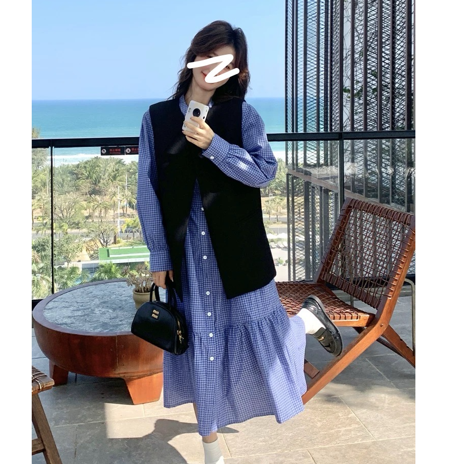 胖mm春季新款套装韩系穿搭蓝格子衬衫连衣裙马甲两件套学院风