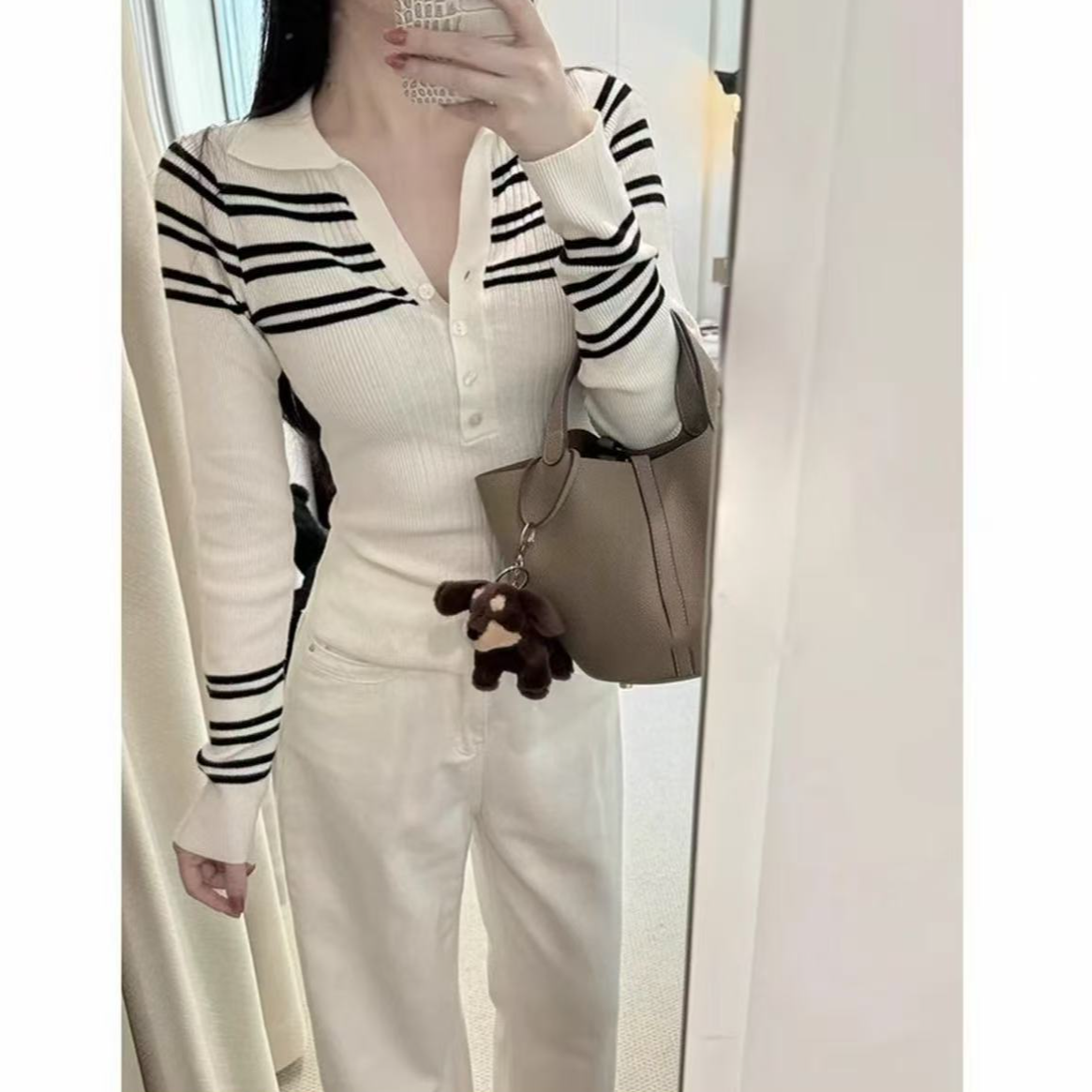 【现货】黑白条纹polo领长袖针织衫女气质修身打底衫上衣