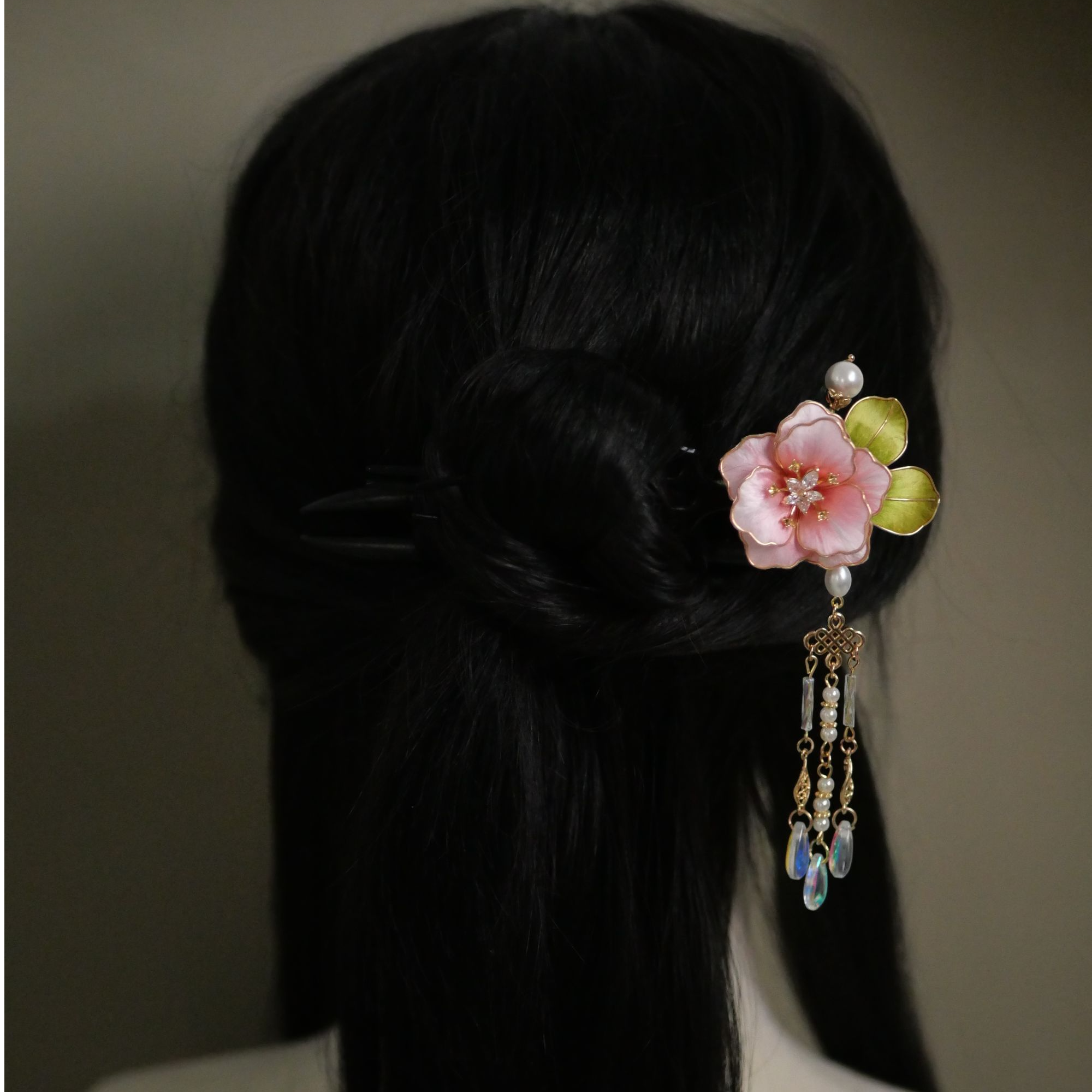 琼花-粉色掐丝牡丹花黑檀木双簪-简约古典超仙发簪子古风民族风