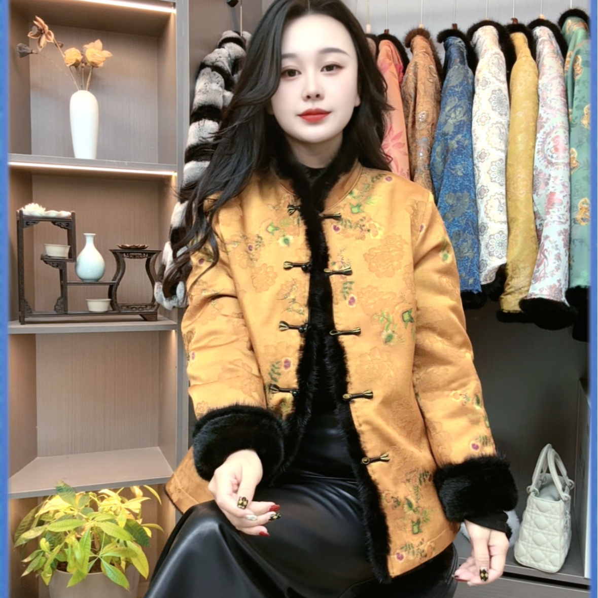 双面穿新中式冬季皮毛一体立领上衣水貂毛新中式唐装提花外套S081